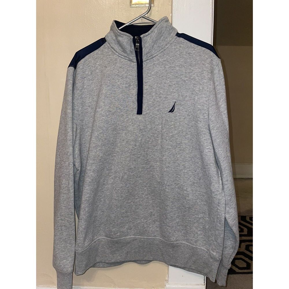 Nautica Quater Zip Sweatshirt Long Sleeve Men Grey With Navy Accent Size Large